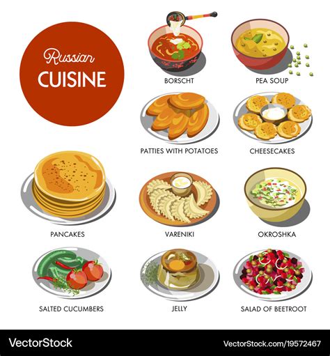 Russian cuisine traditional food dishes Royalty Free Vector