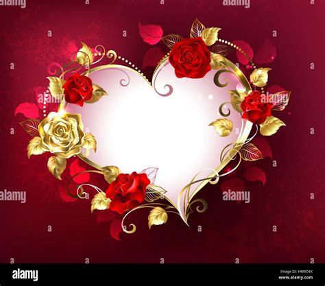 Heart with jewels, gold and red roses on red textural background. Design with roses. Valentine's ...