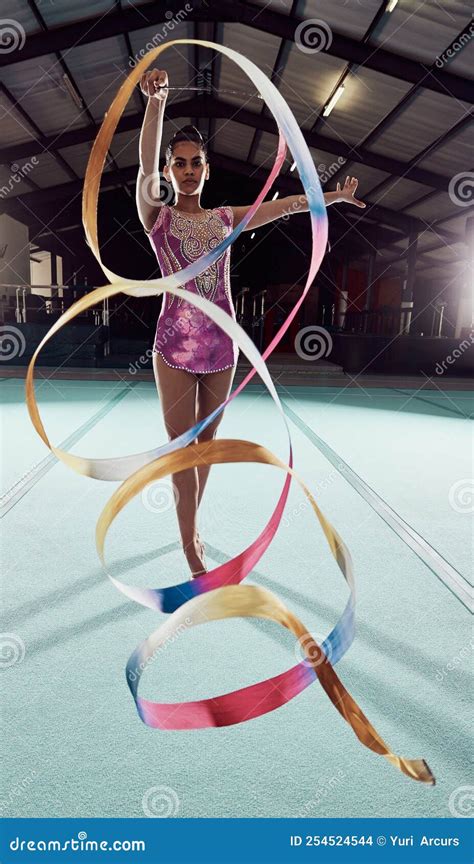 Gymnastics, Sports Training Ribbon Dance in Arena and Rhythmic Athlete ...