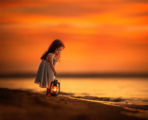 Download Sunset Beach Lantern Cute Little Girl Photography Child HD ...