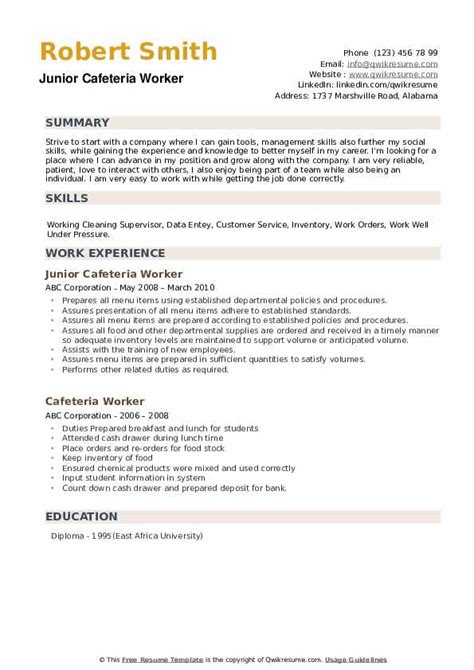 Cafeteria Worker Resume Samples | QwikResume