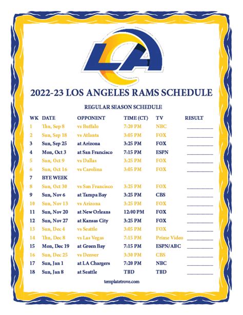 Printable 2022-2023 Los Angeles Rams Schedule