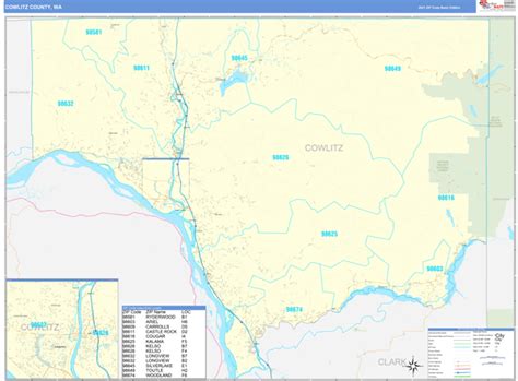 Cowlitz County, WA Zip Code Wall Map Basic Style by MarketMAPS