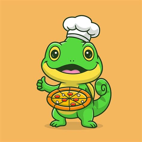 Premium Vector | Cute chameleon chef cooking pizza cartoon vector icon illustration animal food ...