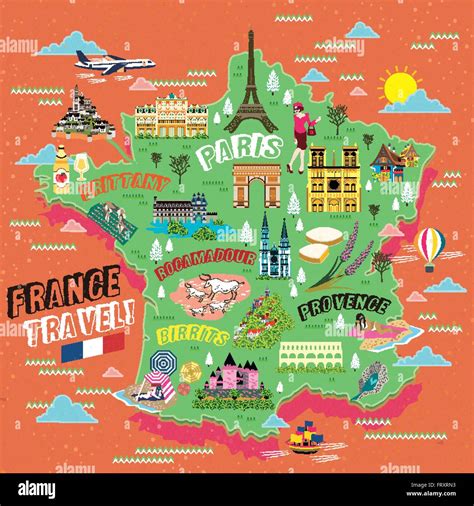 lovely France travel map with attraction symbols Stock Vector Image ...