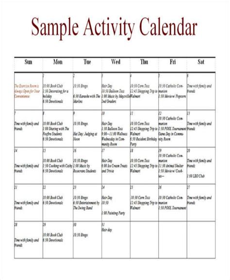 Sample Activity Calendar Template | Calendar activities, Calendar template, Monthly activities