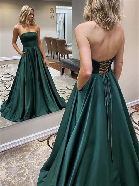 A Line Strapless Green Satin Long Prom Dresses, Simple Green Formal Ev – morievent