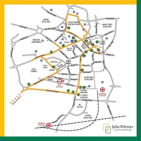 walking map of Wrexham for visitor guide; white background with most ...