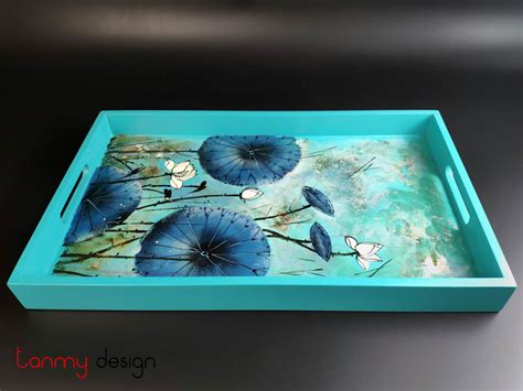 Rectangular lacquer tray with hand painted lotus 28*45cm