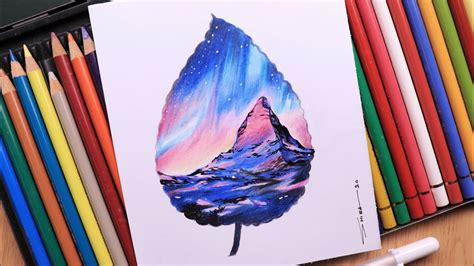 Scenery drawing with pencil colour - Landscape scenery mountain ...