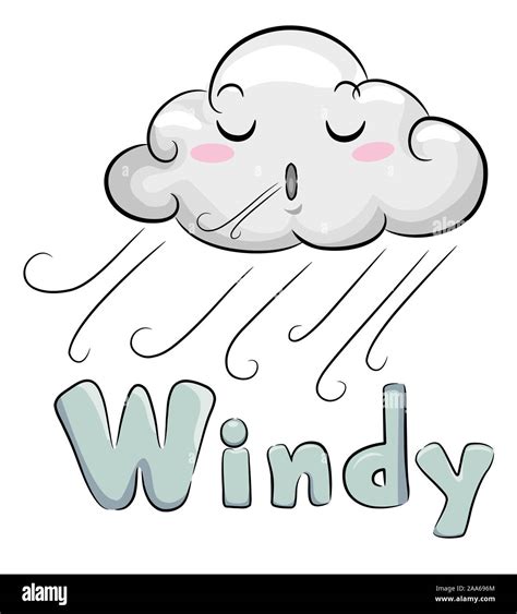 Illustration of a Cloud Mascot Blowing Wind and Windy Lettering Below Stock Photo - Alamy