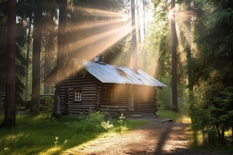 Premium AI Image | Log cabin house in the forest with trees and sunrays ...