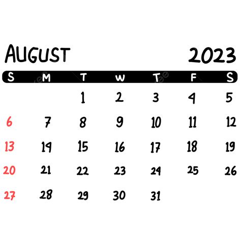 August 2023 Calendar White Transparent, Original Calendar Of August 2023, August, 2023, Calendar ...