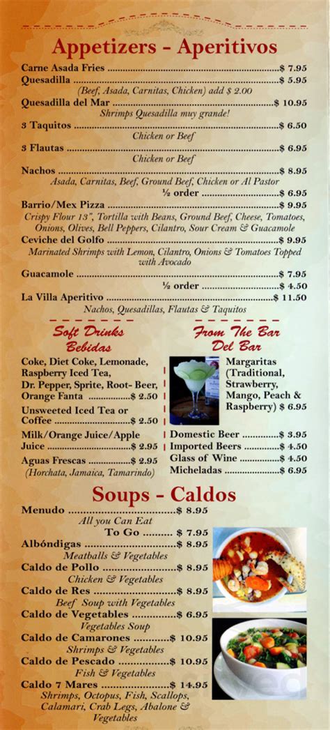 La Villa Mexican Food menu in Anaheim, California, USA