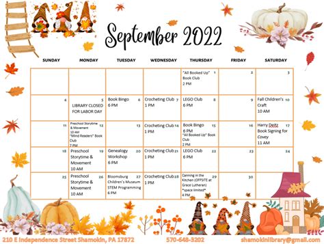 September 2022 Event Calendar – Shamokin-Coal Township Public Library