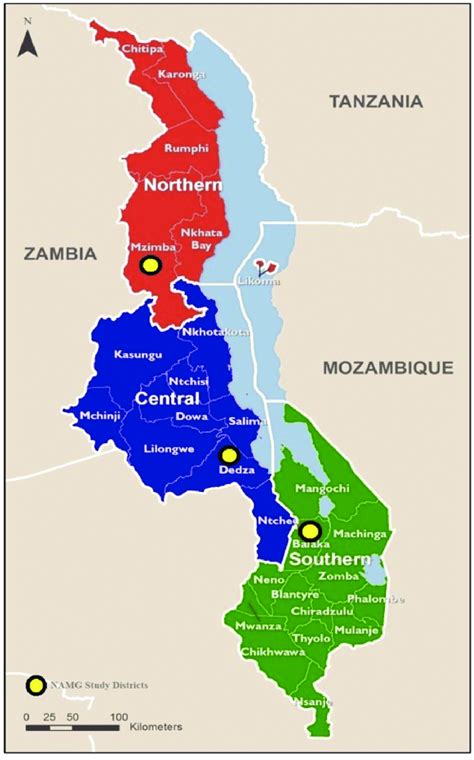 Map of Malawi indicating the three study districts (2015-2016 Malawi... | Download Scientific ...