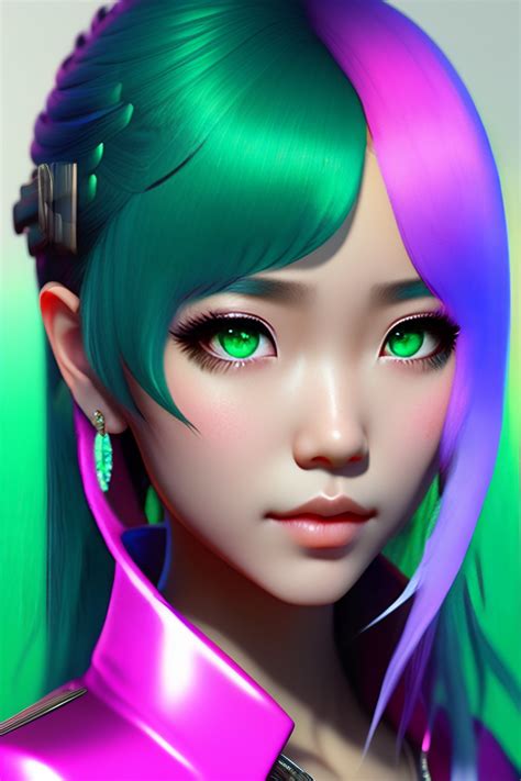 Lexica - Anime girl, short green/blue gradient hair pigtail, pink eyes, asian aspect, virtual ...