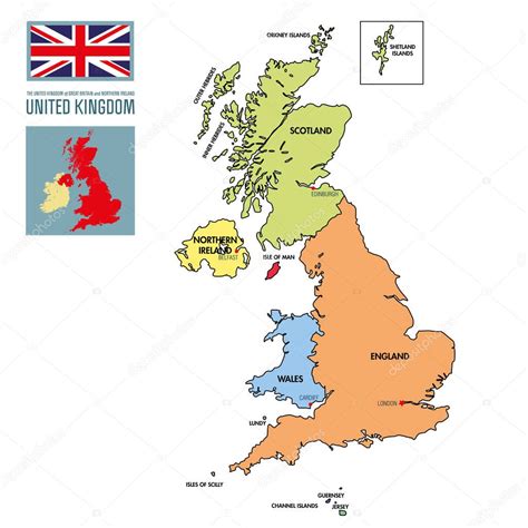 Political map of United Kingdom with regions and their capitals