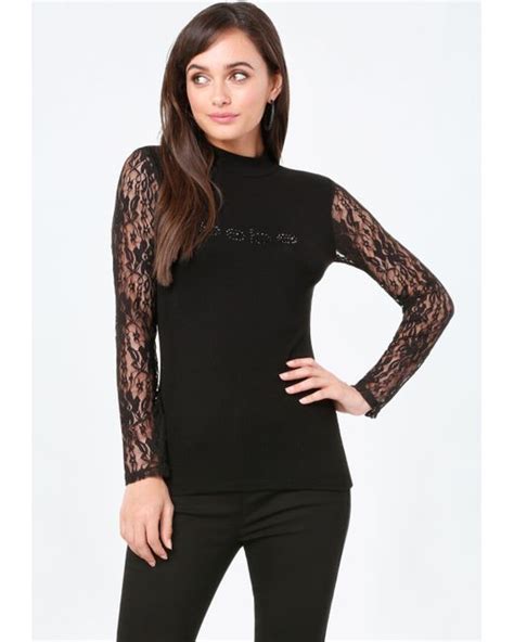 Bebe Logo Lace Sleeve Top in Black | Lyst