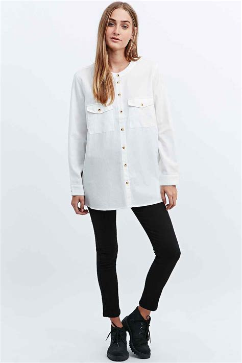 BDG Grandad Collar Shirt in White | Women shirts blouse, Grandad collar shirt, Collar shirts