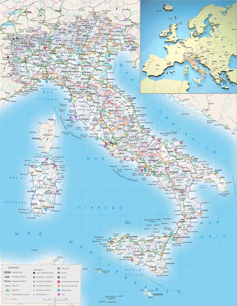 Large detailed relief, political and administrative map of Italy with all cities, roads and ...