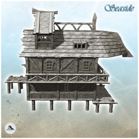 Medieval building on wooden dock with second floor and balcony (12 ...