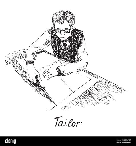 Tailor in glasses at work cutting on table coat pattern, hand drawn ...