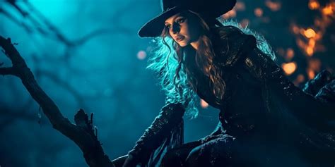 Premium AI Image | witch on a broomstick during Halloween night