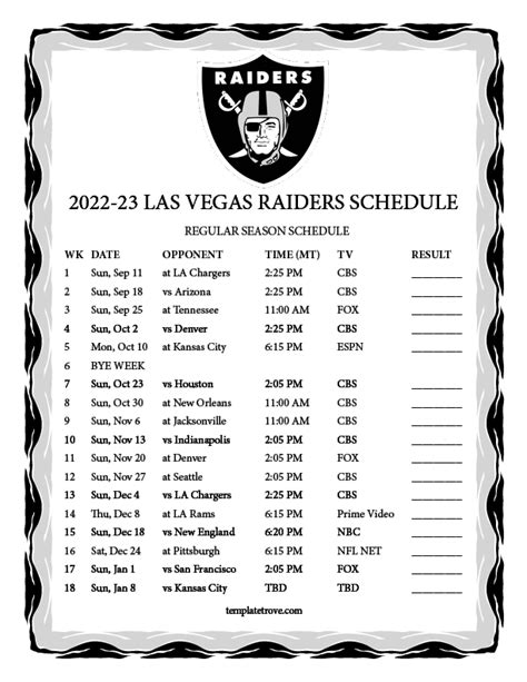 Printable 2022-2023 Las Vegas Raiders Schedule