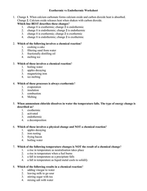 Exothermic vs Endothermic Worksheet Change 1. When calcium