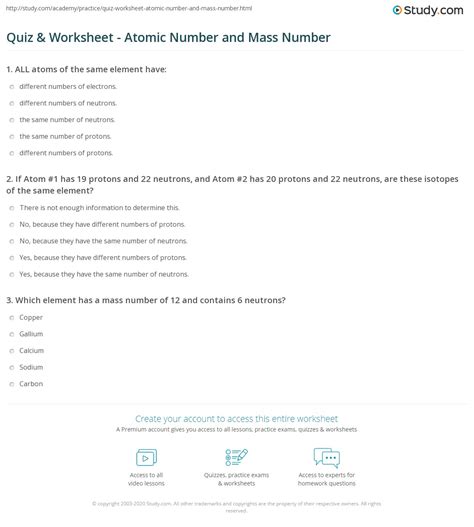 Quiz & Worksheet - Atomic Number and Mass Number | Study.com