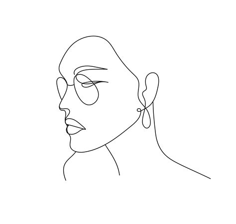 Vector linear face art, woman portrait with glasses and earrings. Continuous line, fashion ...