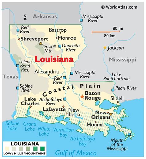 Louisiana Maps & Facts - Physical Map with Major Cities and Rivers