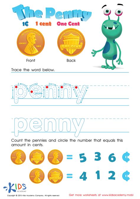 One Cent or the Penny Money Worksheet: Money Games Printable PDF for Kids