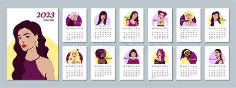 Calendar 2023 Template with Beautiful Women. Design of Calendar with Girls.Vector Illustration ...