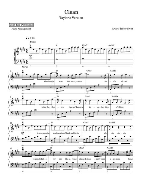 Taylor Swift - Clean (Taylor's Version)(PIANO SHEET) Sheets by John Rod Dondoyano