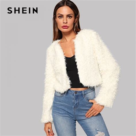 SHEIN Beige Solid Open Stitch High Street Crop Teddy Coat Women Jackets Casual Club Party Winter ...