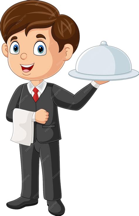 Premium Vector | Cartoon waiter boy holding a serving tray