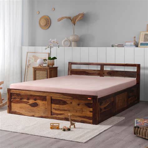 Buy Sheesham Wood King Size Provincial Teak Color Bed With Storage ...