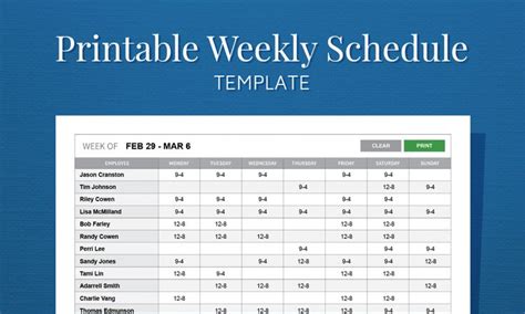 a printable weekly schedule is shown in the middle of a blue background ...