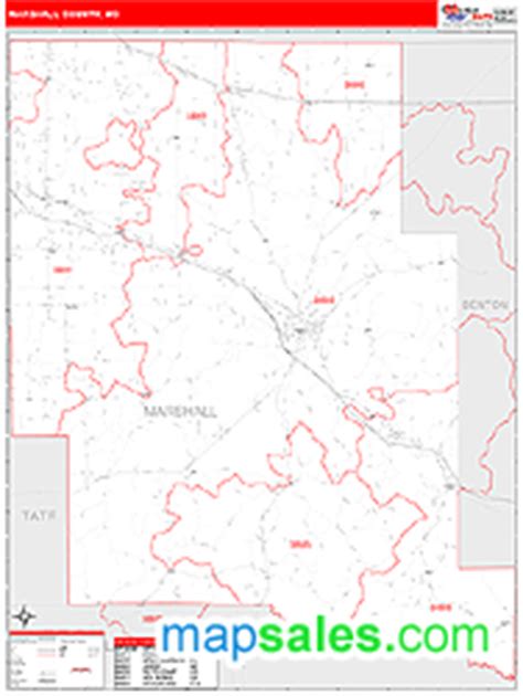 Marshall County, MS Zip Code Wall Map Red Line Style by MarketMAPS