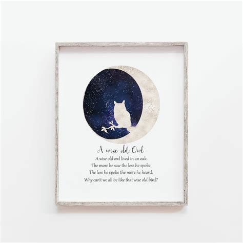 Owl Nursery Print, A Wise Old Owl, Poem Print, Childrens Room Wall Art, Owl on Moon Illustration ...