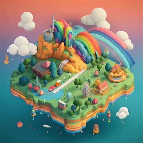 Isometric Castle on the Island with a Rainbow and Clouds. 3d Illustration Stock Illustration ...