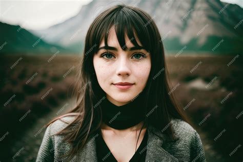 Premium AI Image | A woman with long brown hair and a grey jacket stands in a field with ...