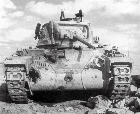 British “Matilda II” infantry tank, destroyed by the fire of 88-mm antiaircraft guns of the Nazi ...