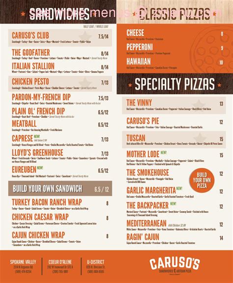 Online Menu of Carusos Sandwiches & Artisan Pizza Restaurant, Spokane, Washington, 99206 - Zmenu