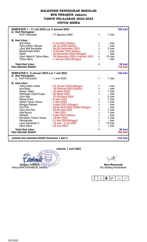 Kalender Pendidikan TKK 10 PENABUR Tahun Ajaran 2022-2023