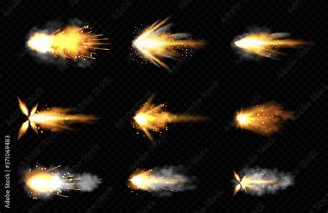 Gun shot with fire and smoke. Weapon firing effects. Vector realistic ...