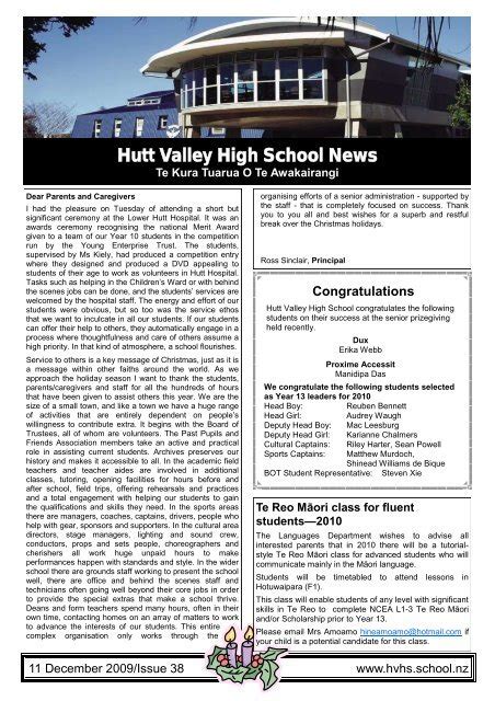 Hutt Valley High School News 11 December 2009