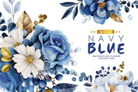 Navy Blue Flower And Gold Leaves Watercolor - Design Cuts